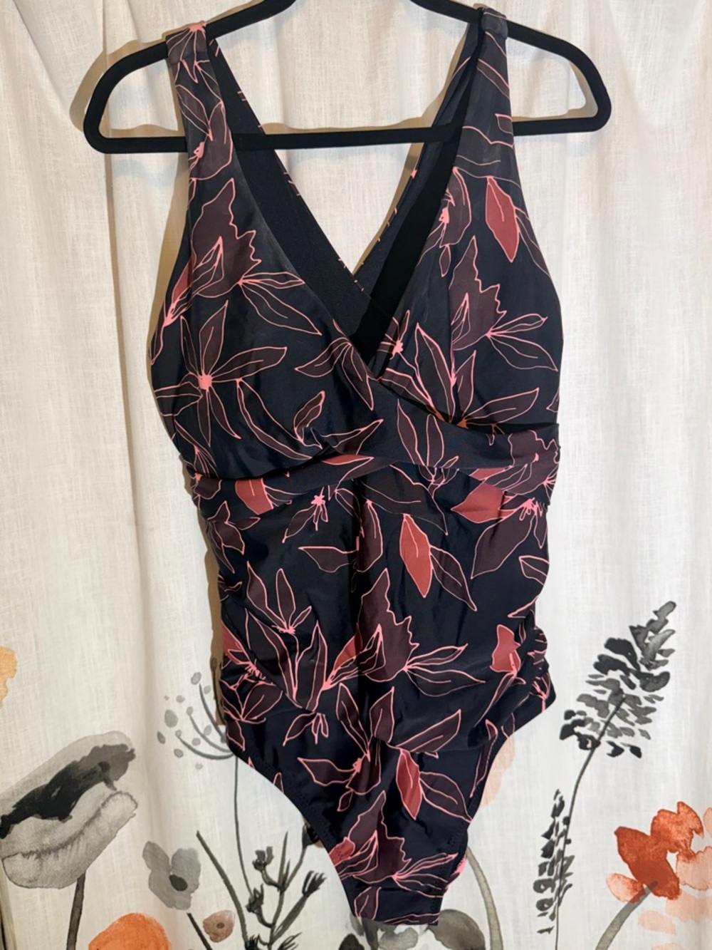 Eddie Bauer Black Swimsuit with Pink Floral Accent